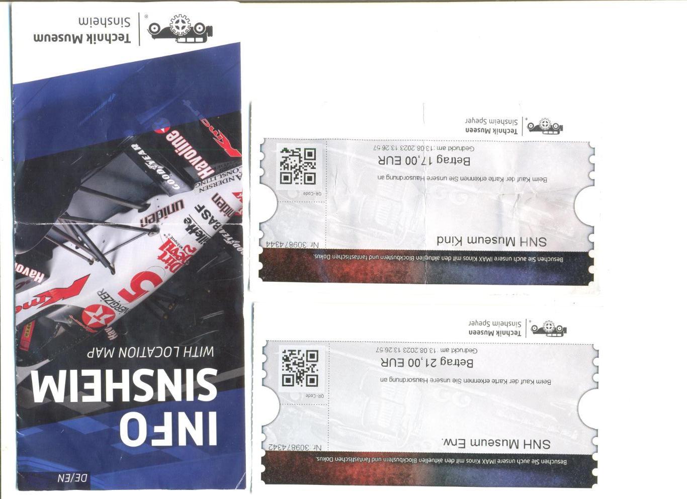 Билеты в музей техники в г. Зинсхайм (Германия) + проспект.