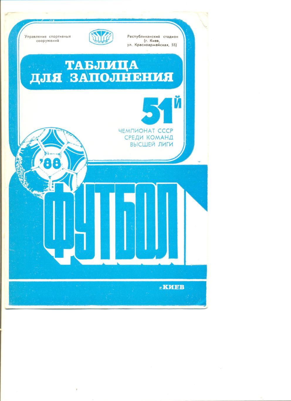 Таблица для заполнения и календарь игр. Динамо Киев 1988 г.