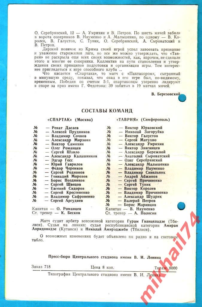 Спартак Москва - Таврия Симферополь 1981г. (Тираж 8.000 экз.) 1