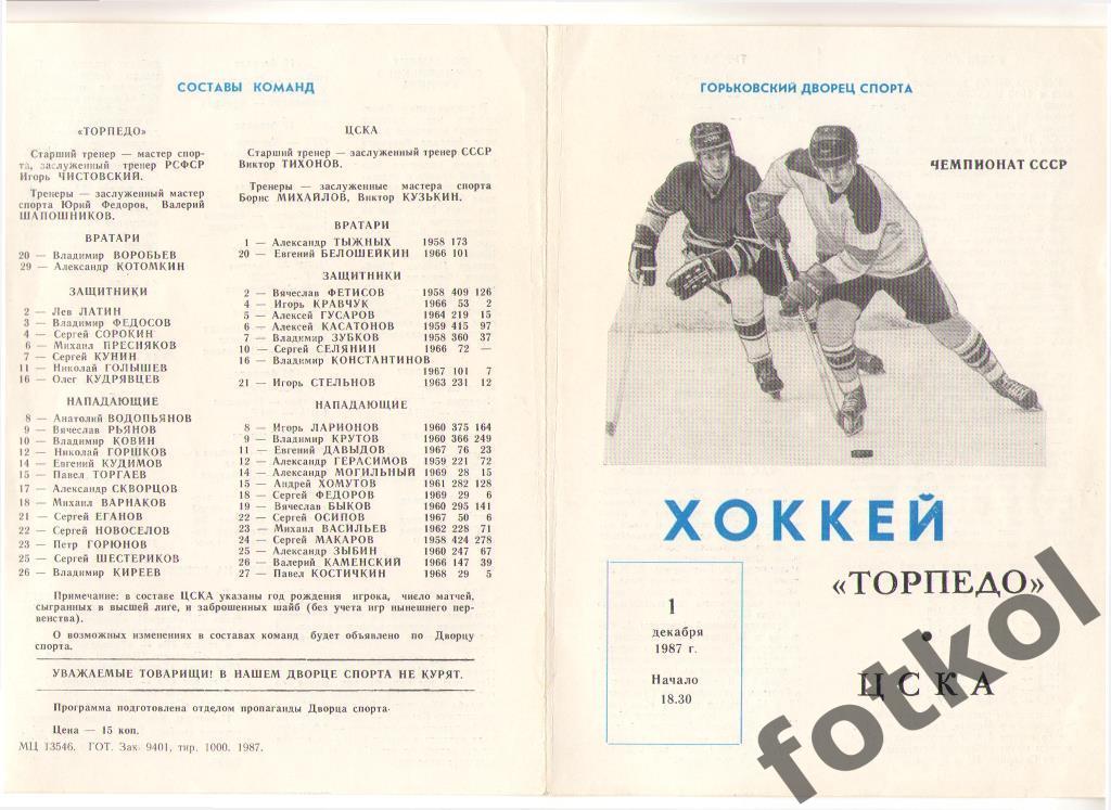 Торпедо Горький/Нижний Новгород - ЦСКА 01.12.1987