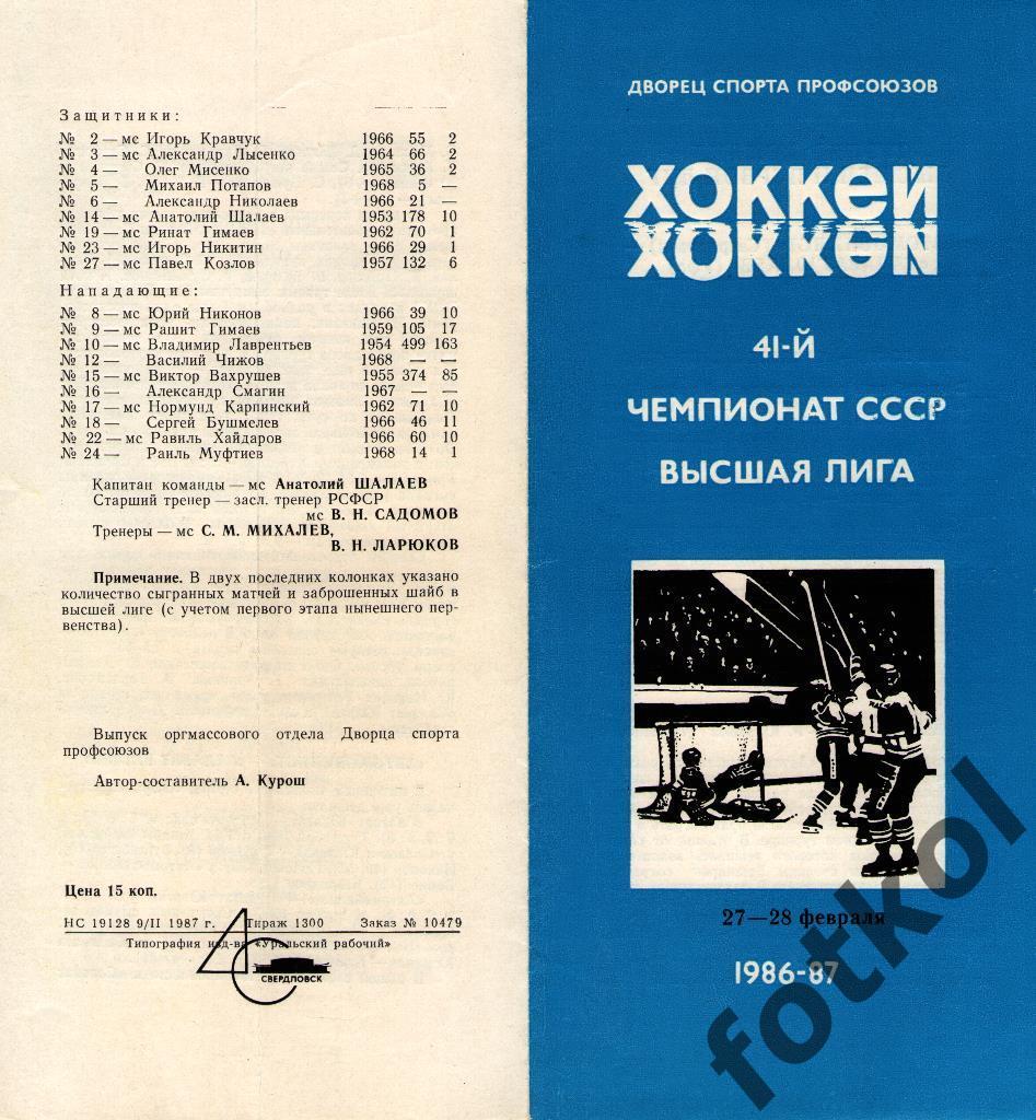 Автомобилист Свердловск - Салават Юлаев Уфа 27 - 28.02.1987