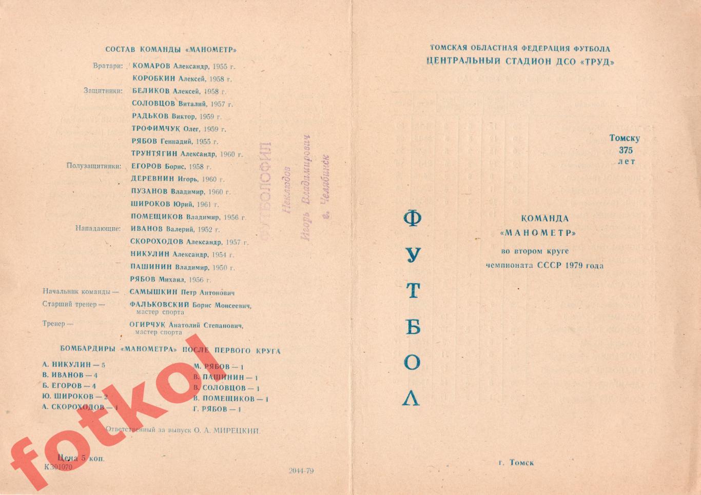 ТОРПЕДО Томск 1979 2 круг, календарь, состав