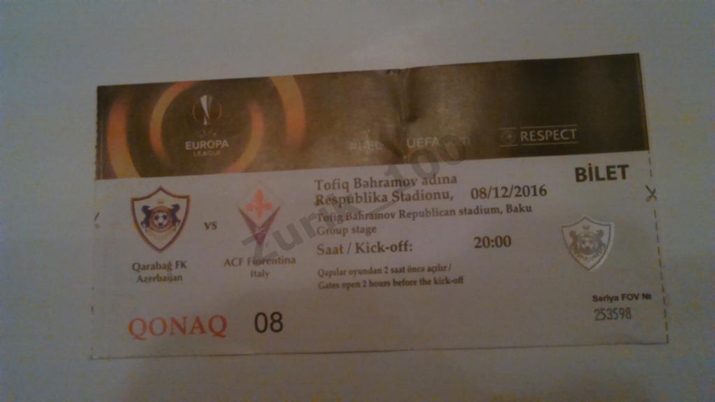 Карабах Агдам Азербайджан -Фиорентина Флоренция Италия 08.12.2016 Лига Европы