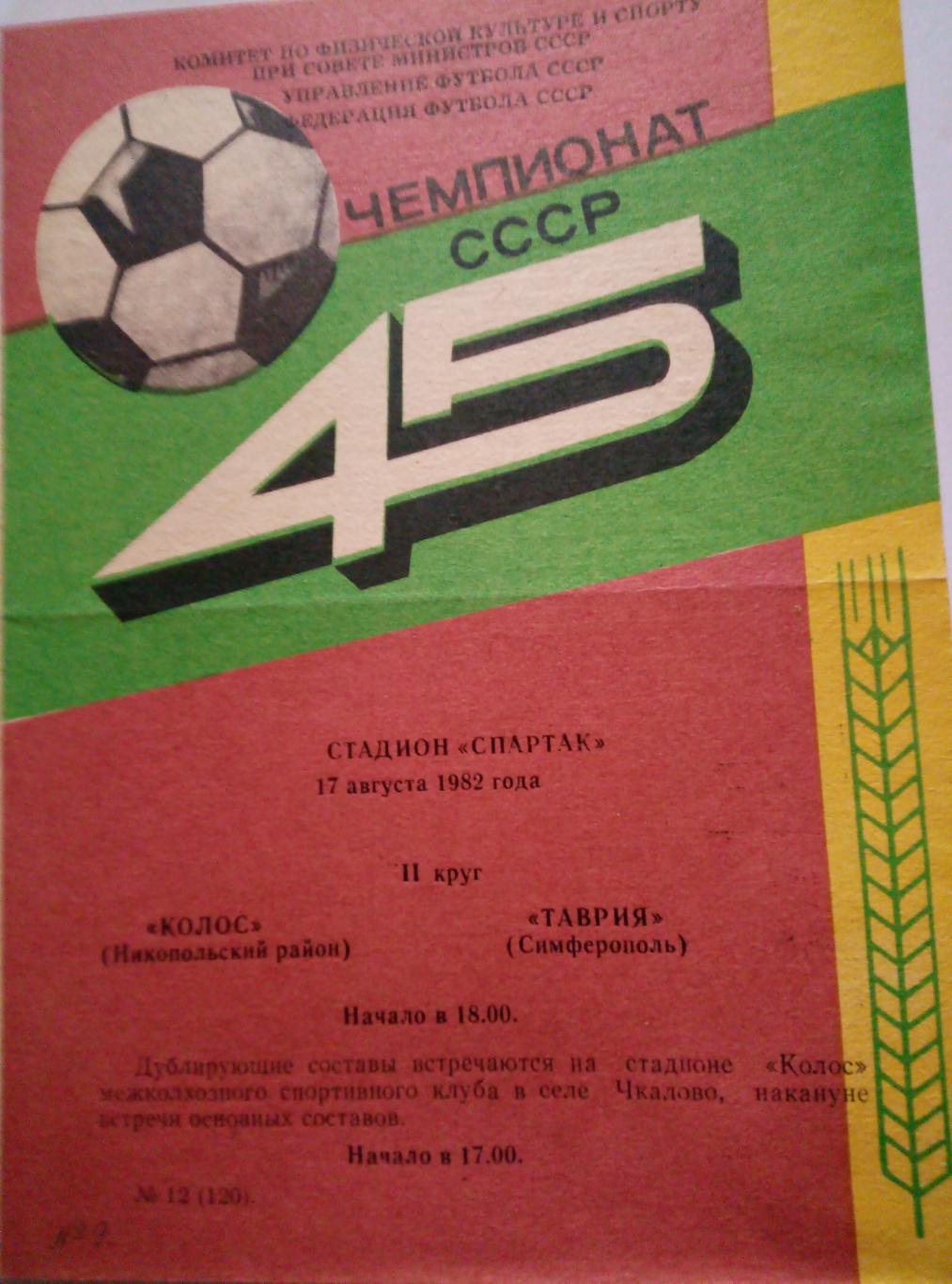 Колос Никополь, Украина - Таврия Симферополь - 17.08.1982