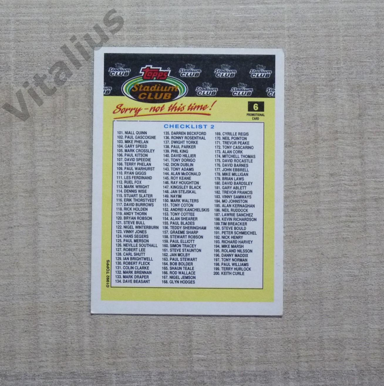Карточка TOPPS Stadium Club 1992 год - №6 - список игроков - АПЛ