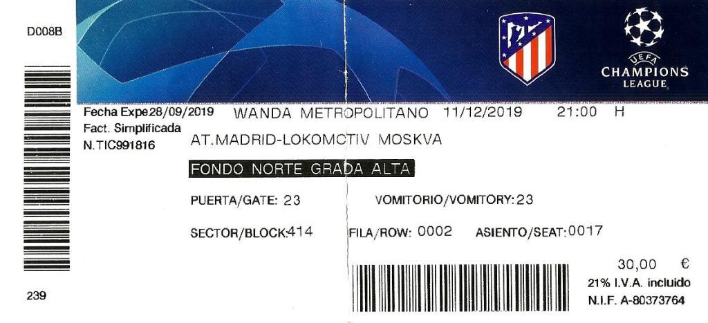 Билет. Лига Чемпионов. Атлетико Мадрид - Локомотив Москва 11.12.2019