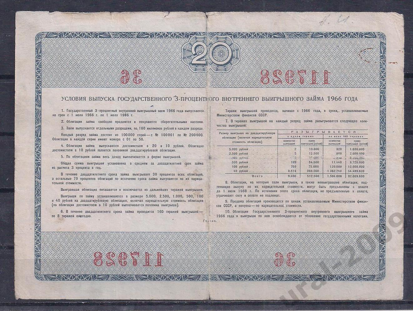 СССР, Облигация, 20 рублей 1966 год! 117928. 1