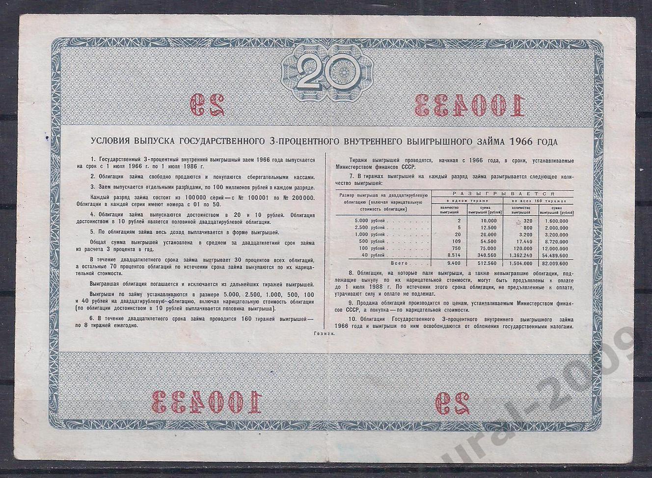 СССР, Облигация, 20 рублей 1966 год! 100433. 1