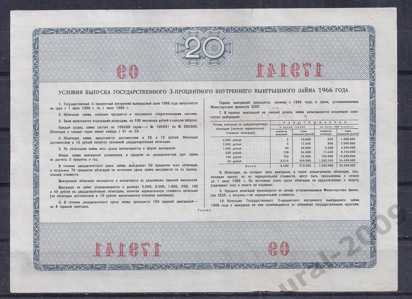СССР, Облигация, 20 рублей 1966 год! 179141. 1