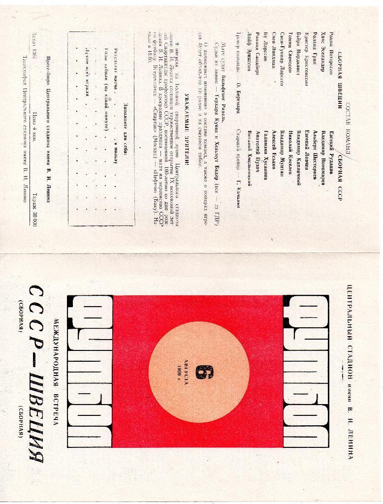СССР сборная - Швеция сборная 06.08.1969 товарищеский матч