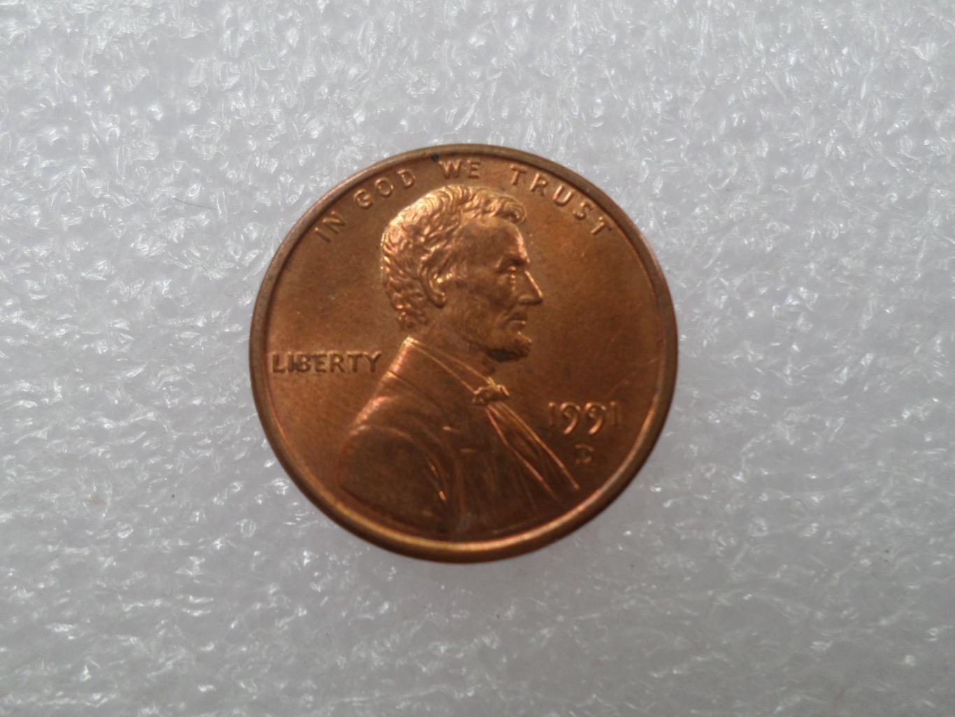 Монета 1 цент США 1991 г
