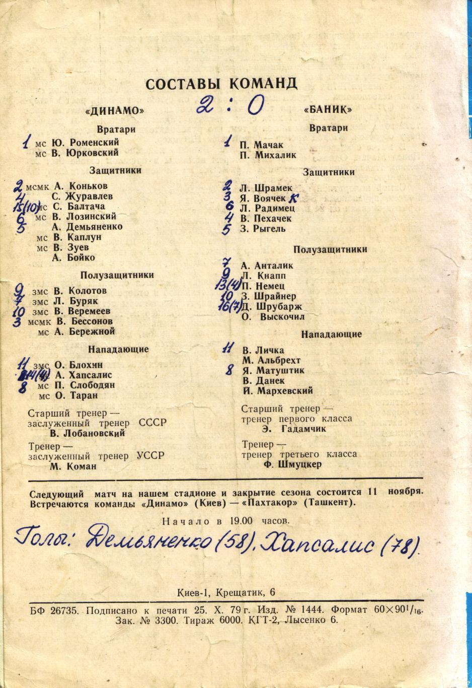 Динамо Киев - Баник Острава, ЧССР 07.11.1979 1