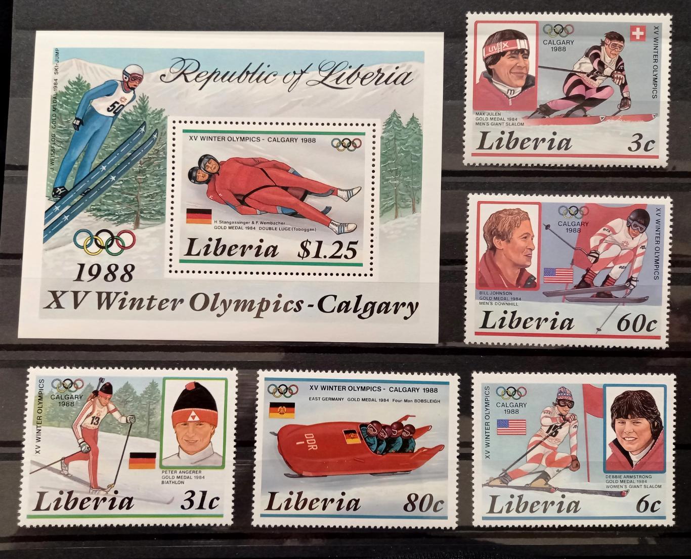 ** Либерия Олимпиада 1988 г. бобслей, сани лыжи, слалом, спорт