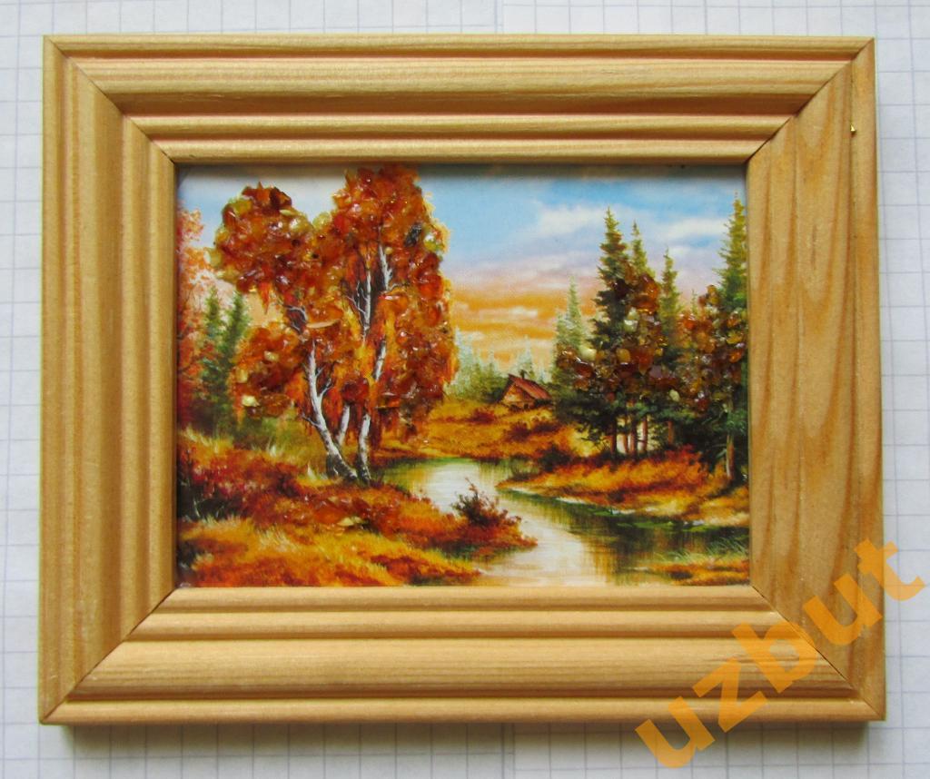 Картина панно пейзаж с янтарем 11 х 9 см