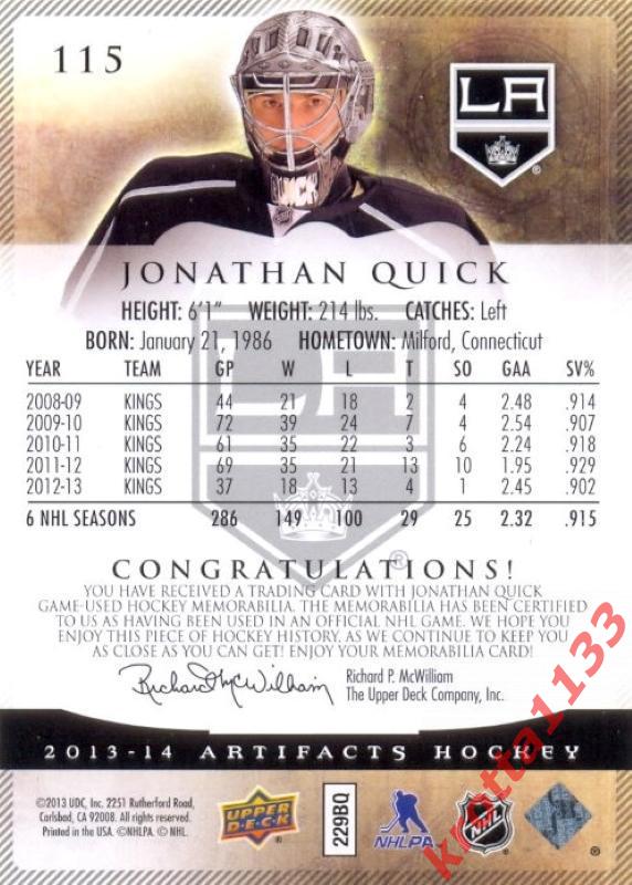 Jonathan Quick Los Angeles Kings Upper Deck Artifacts 2013-2014 1
