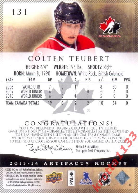 Colten Teubert Team Canada Upper Deck Artifacts 2013-2014 1