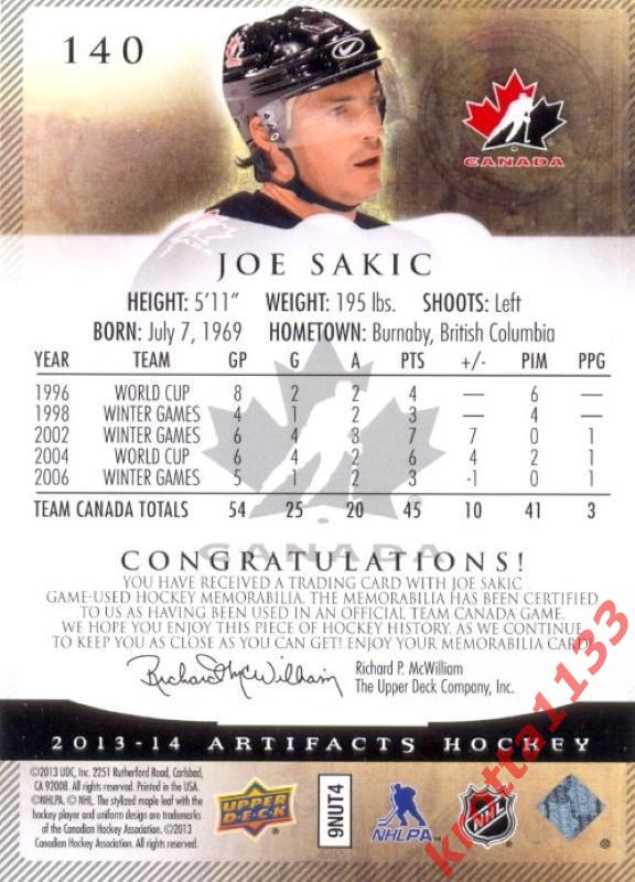 Joe Sakic Team Canada Upper Deck Artifacts 2013-2014 1