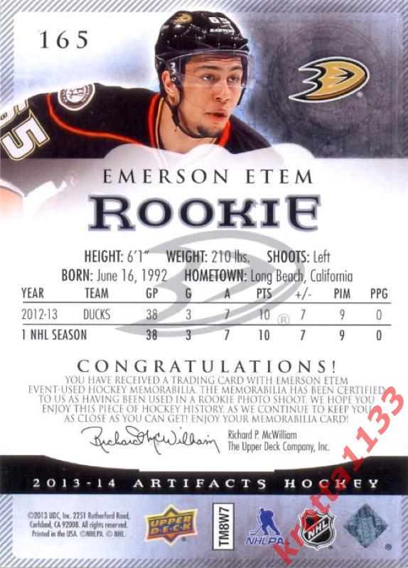 Emerson Etem Anaheim Ducks Upper Deck Artifacts 2013-2014 1