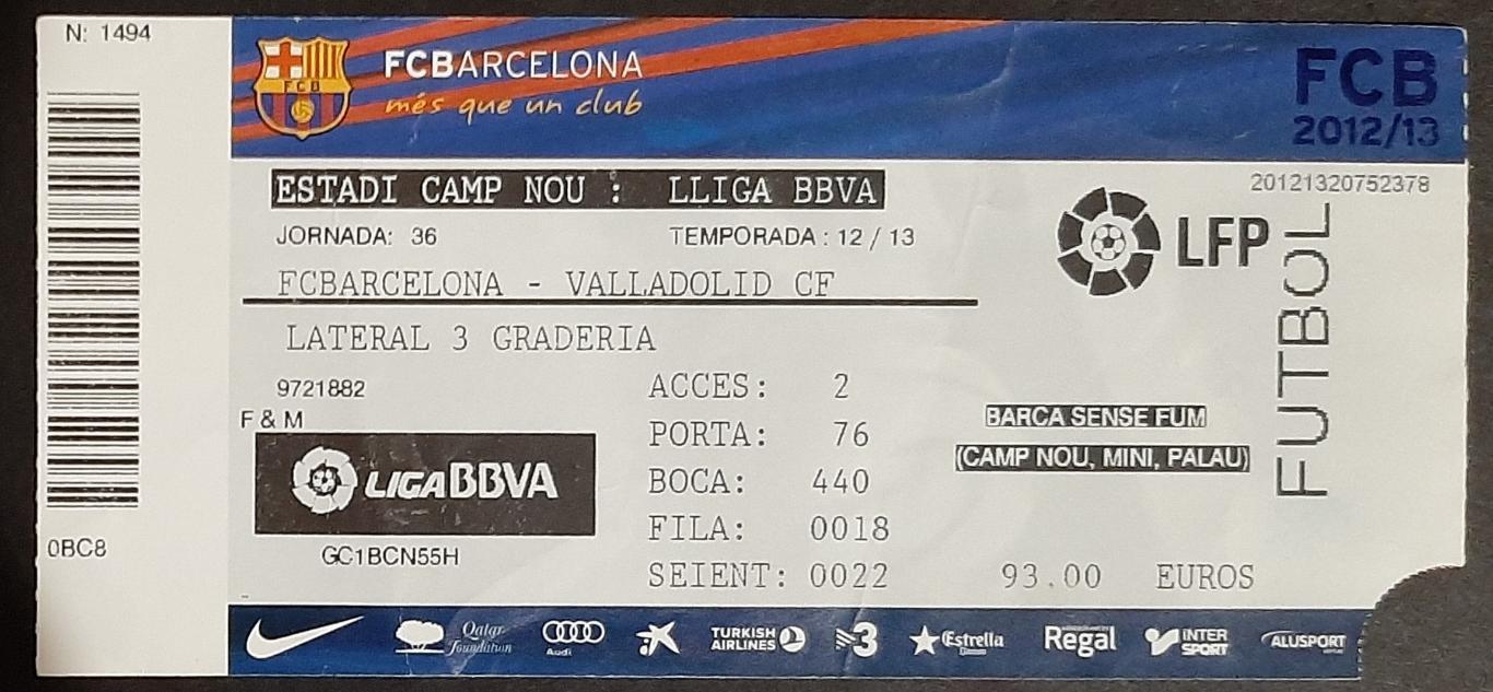 Газета + билет Барселона - Вальядолід 2012/13 Чемпіони 6