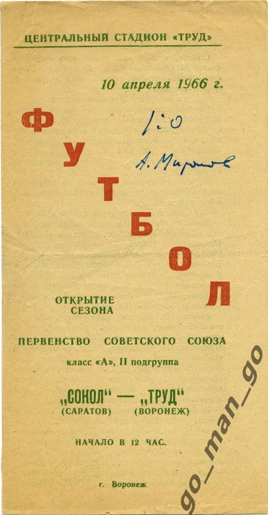 ТРУД Воронеж – СОКОЛ Саратов 10.04.1966.