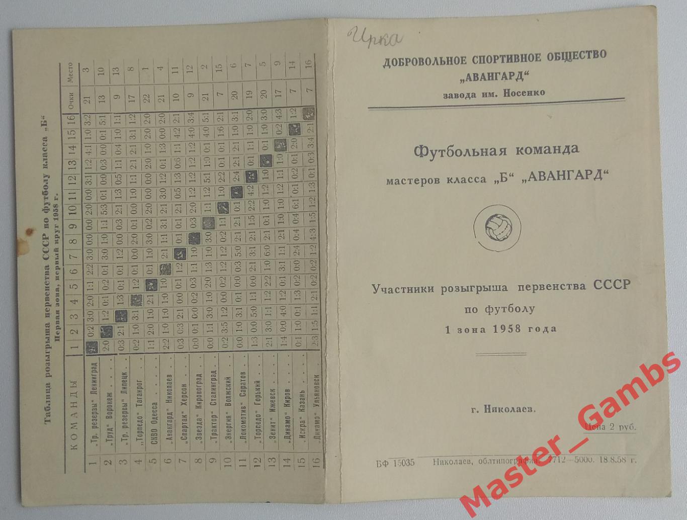 Буклет Авангард Николаев 1958 (2-й круг)* 1