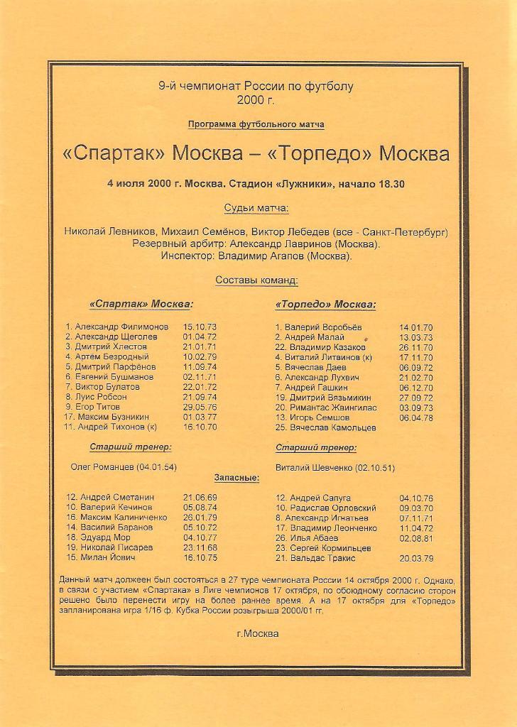 Спартак(Москва)-Торпедо 2000