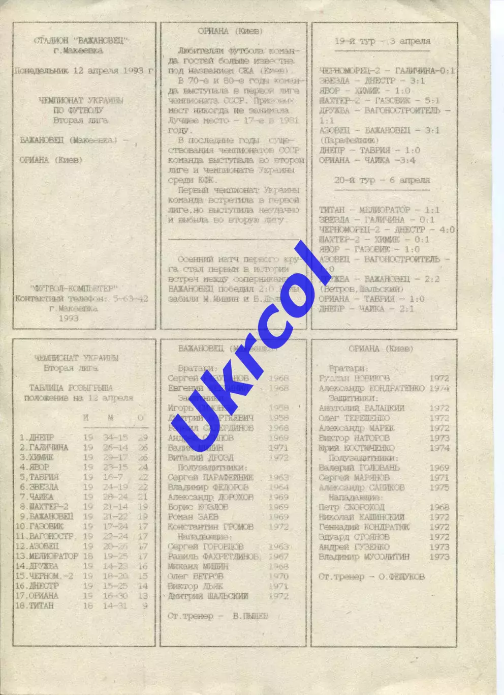 Програма Бажановець Макіївка - ЗС-Оріяна Київ - 12.04.1993