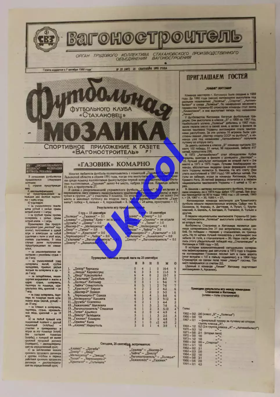 Програма Вагонобудівник Стаханов - Хімік Житомир - 25.09.1992