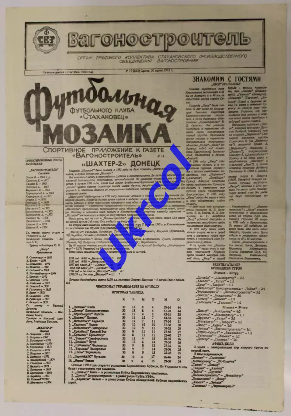 Програма Вагонобудівник Стаханов - Явір Краснопілля - 30.06.1993
