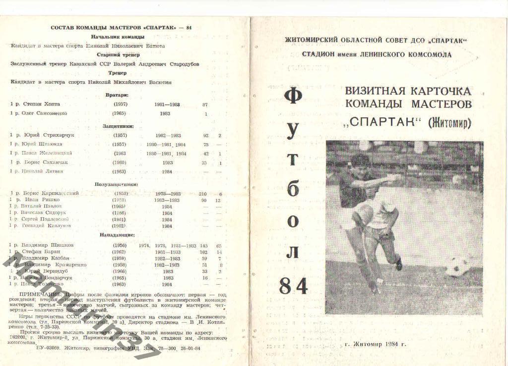 Визитная карточка Спартак Житомир 1984. Стат. данные.