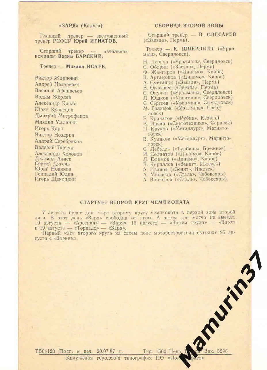 Турнир сборных команд зон второй лиги РСФСР с участием Заря Калуга 27-28.07.1987 2