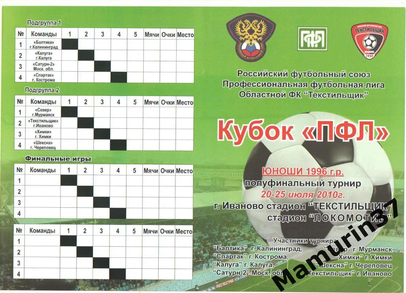Кубок ПФЛ 2010. Уч-ки: Калининград, Кострома, Калуга, Мурманск, Череповец и др.