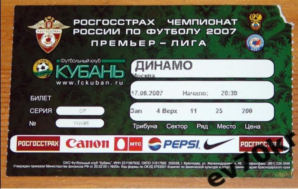 Билет. Кубань Краснодар - Динамо Москва 2007