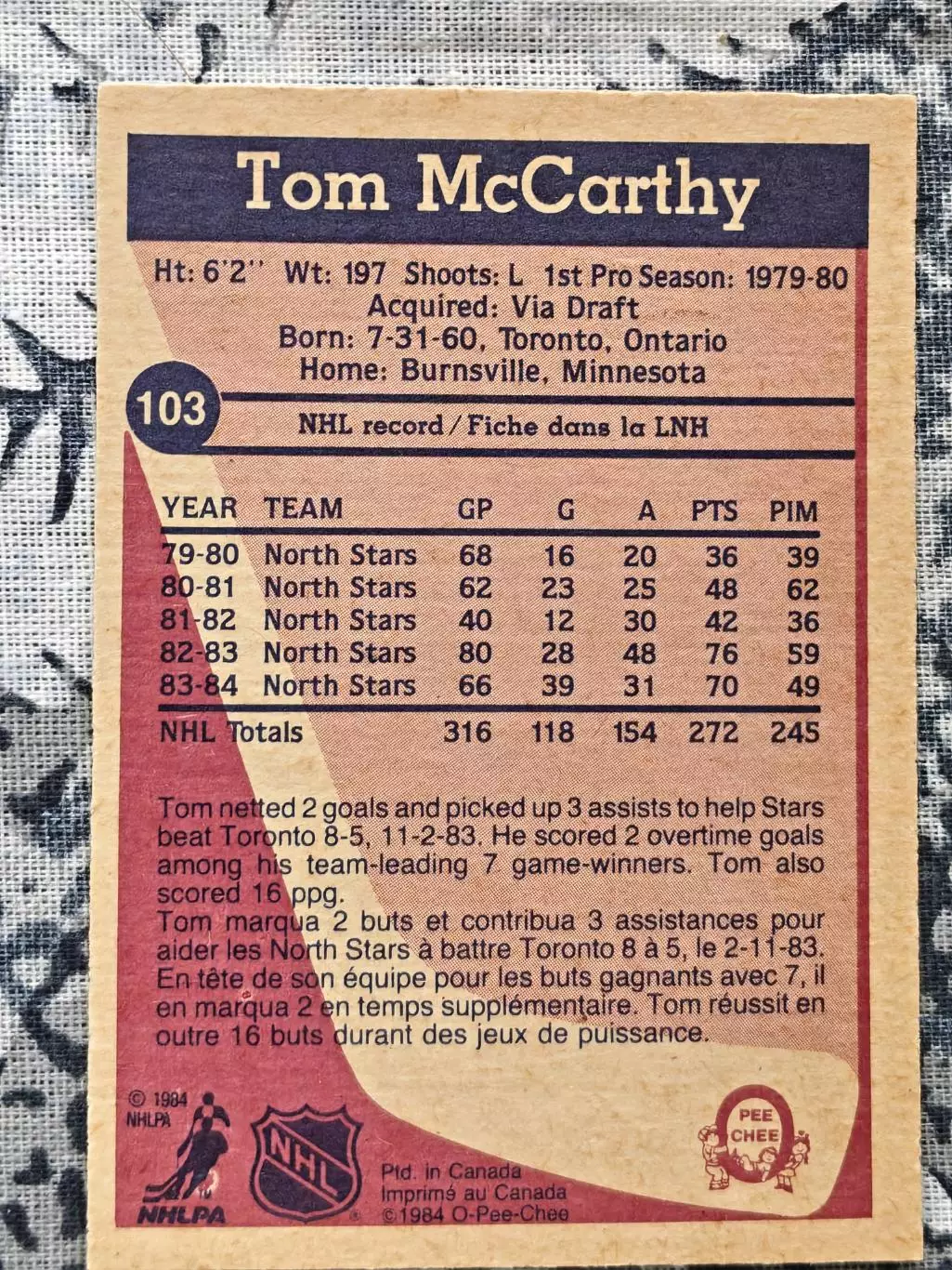 ХОККЕЙ КАРТОЧКА НХЛ O-PEE-CHEE 1984-85 NHL TOM MCCARTHY MINNESOTA #103 1