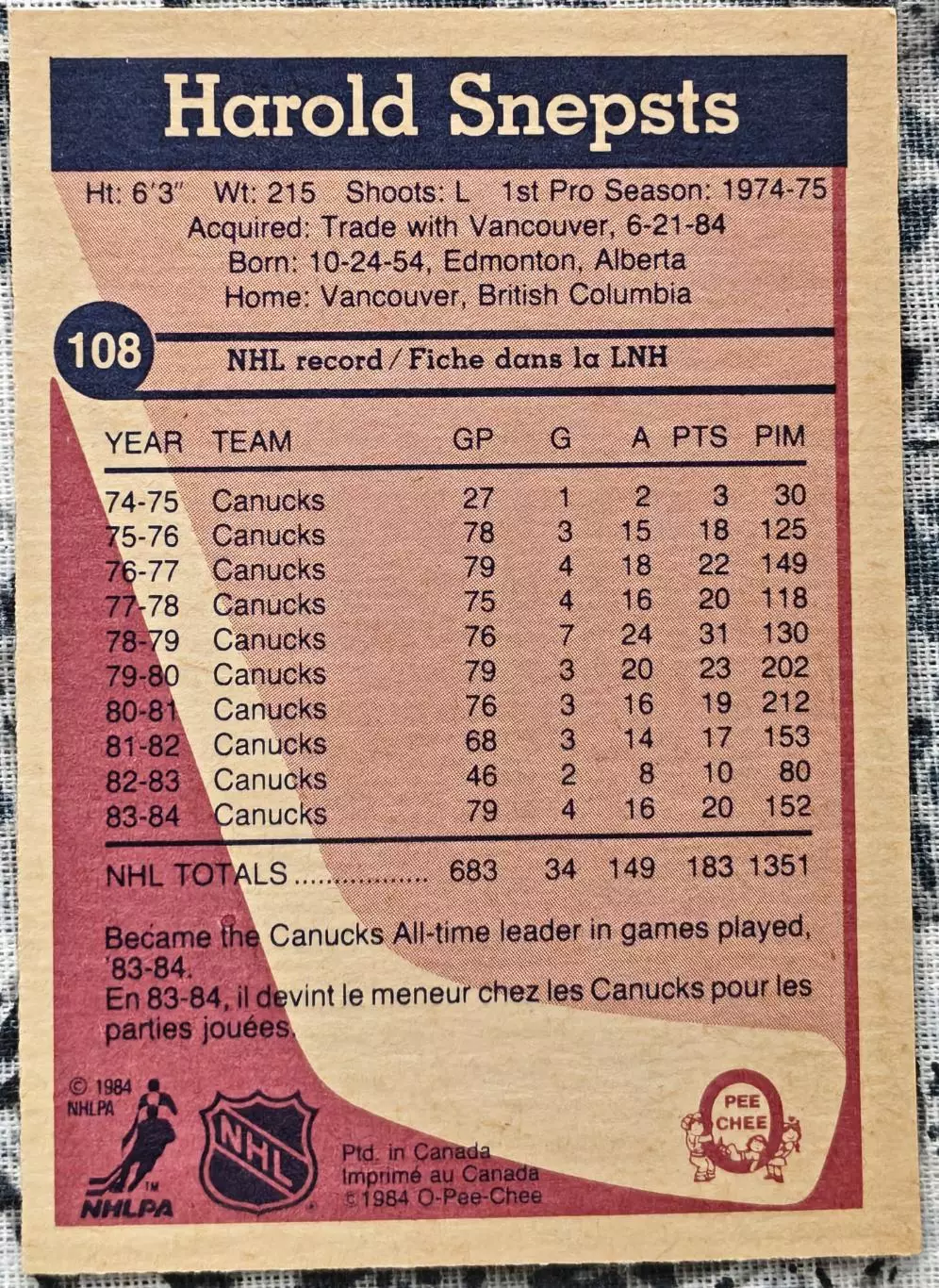 ХОККЕЙ КАРТОЧКА НХЛ O-PEE-CHEE 1984-85 NHL HAROLD SNEPSTS MINNESOTA #108 3