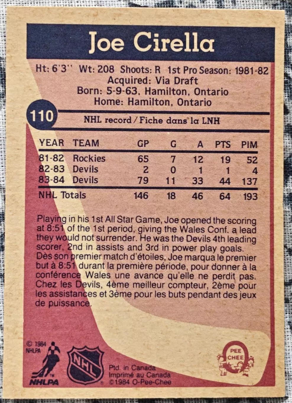 ХОККЕЙ КАРТОЧКА НХЛ O-PEE-CHEE 1984-85 NHL JOE CIRELLA DEVILS #110 3