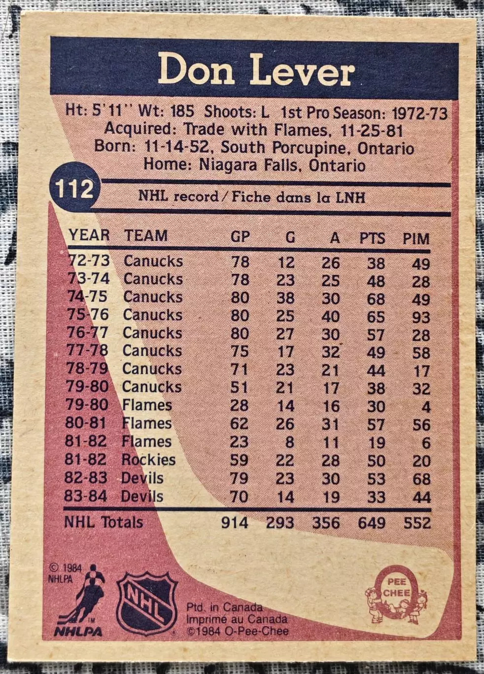 ХОККЕЙ КАРТОЧКА НХЛ O-PEE-CHEE 1984-85 NHL DON LEVER DEVILS #112 3