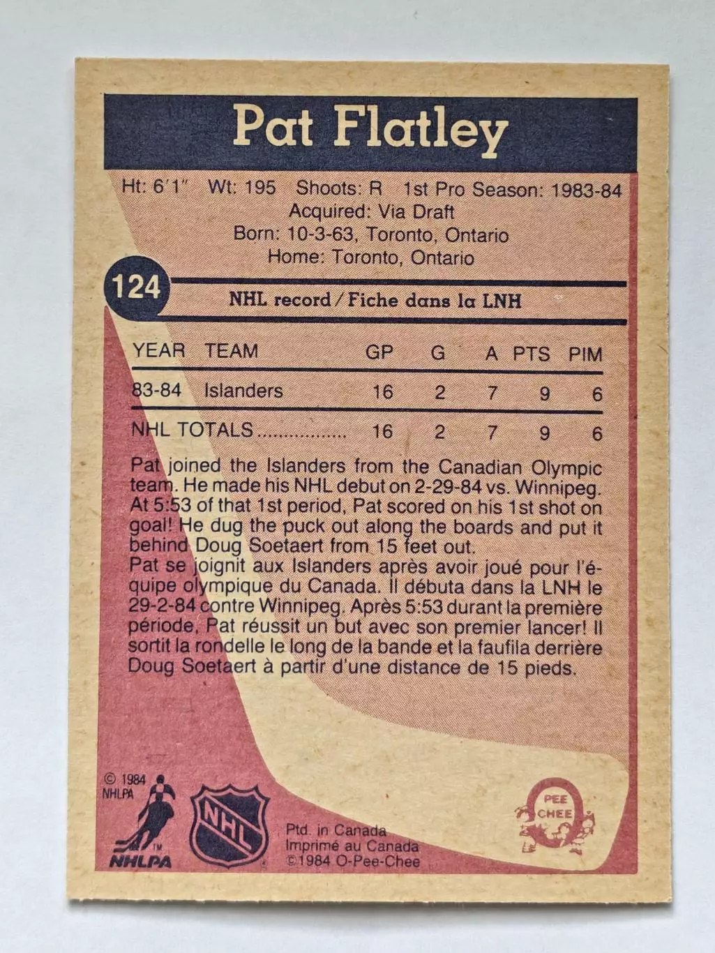 ХОККЕЙ КАРТОЧКА НХЛ O-PEE-CHEE 1984-85 NHL PAT FLATLEY ISLANDERS #124 3