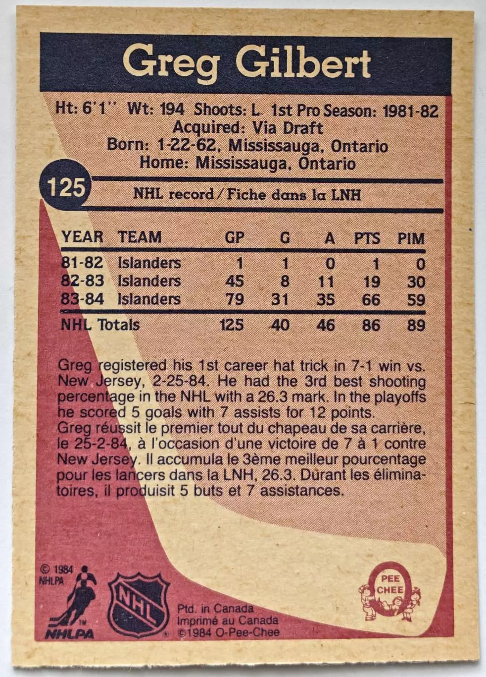 ХОККЕЙ КАРТОЧКА НХЛ O-PEE-CHEE 1984-85 NHL GREG GILBERT ISLANDERS #125 3