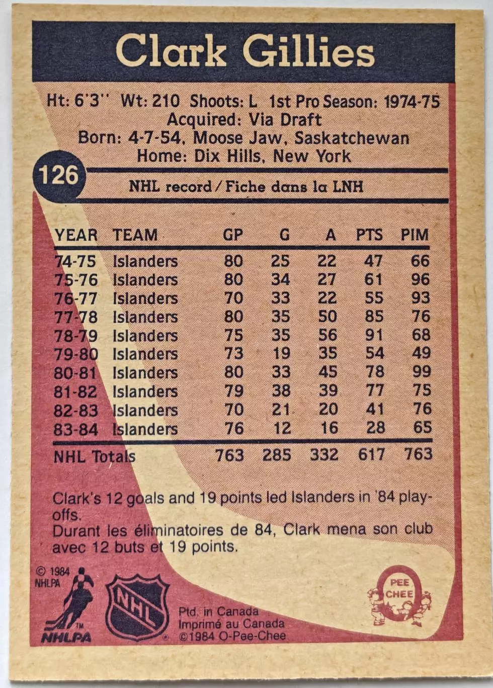 ХОККЕЙ КАРТОЧКА НХЛ O-PEE-CHEE 1984-85 NHL CLARK GILLIES ISLANDERS #126 3