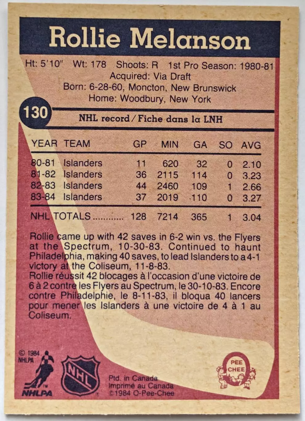 ХОККЕЙ КАРТОЧКА НХЛ O-PEE-CHEE 1984-85 NHL ROLLIE MELANSON ISLANDERS #130 1