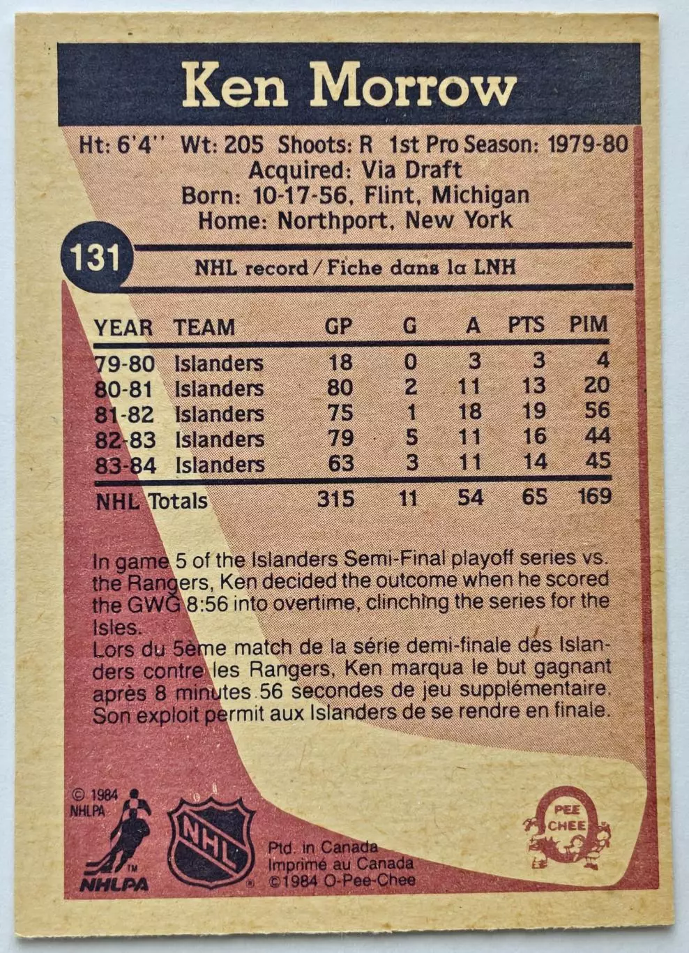ХОККЕЙ КАРТОЧКА НХЛ O-PEE-CHEE 1984-85 NHL KEN MORROW ISLANDERS #131 3