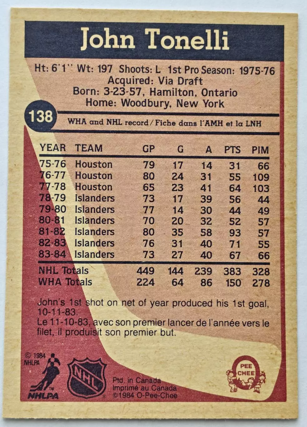 ХОККЕЙ КАРТОЧКА НХЛ O-PEE-CHEE 1984-85 NHL JOHN TONELLI ISLANDERS #138 1