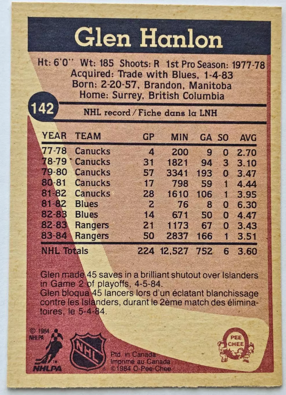 ХОККЕЙ КАРТОЧКА НХЛ O-PEE-CHEE 1984-85 NHL GLEN HANLON RANGERS #142 3