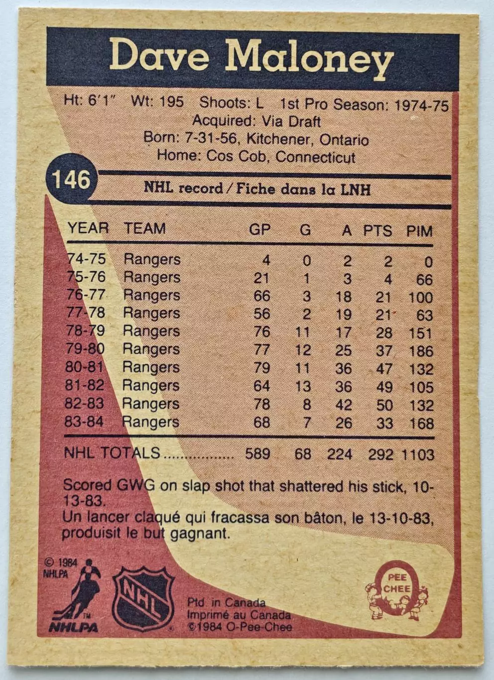 ХОККЕЙ КАРТОЧКА НХЛ O-PEE-CHEE 1984-85 NHL DAVE MALONEY RANGERS #146 1