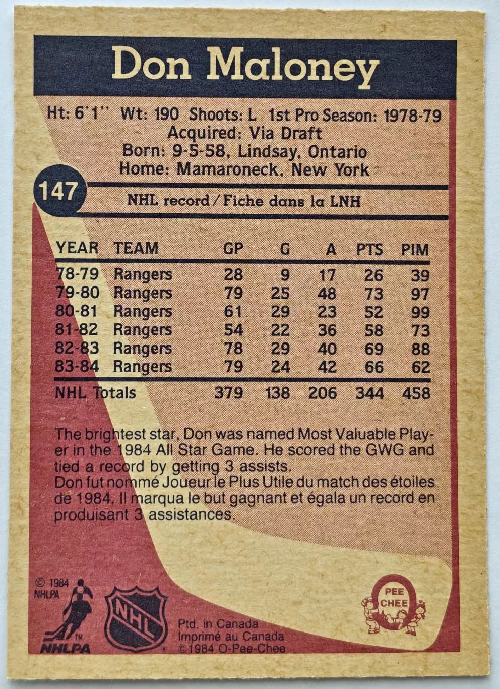 ХОККЕЙ КАРТОЧКА НХЛ O-PEE-CHEE 1984-85 NHL DON MALONEY RANGERS #147 3