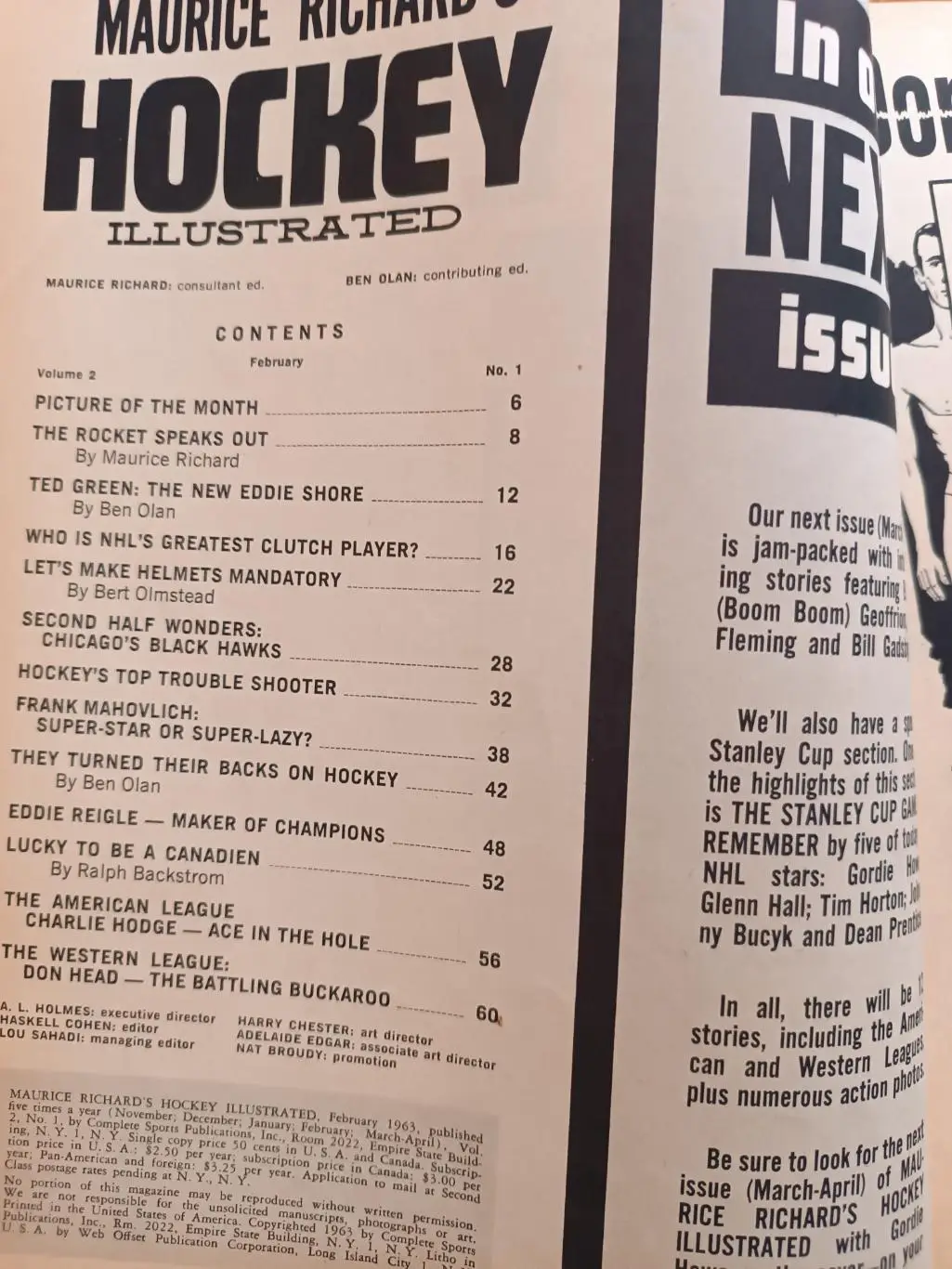 ЖУРНАЛ ХОККИ ИЛЛЮСТРЭЙТЕД НХЛ FEB. 1963 NHL HOCKEY ILLUSTRATED VOL.2 #1 1