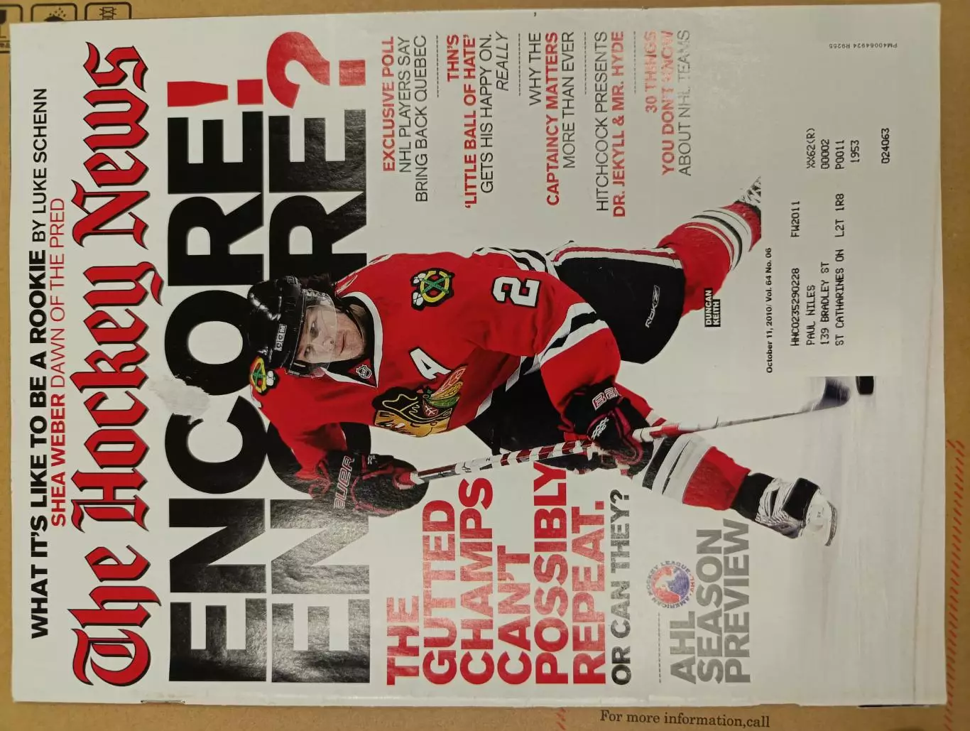 ХОККЕЙ ЖУРНАЛ НХЛ NHL THE HOCKEY NEWS OCTOBER 11, 2010 VOL 64 № 6