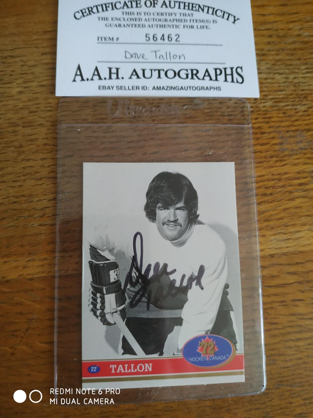 1972 DALE TALLON HOCKEY CARD AUTOGRAPH & CERTIFICATE SUMMIT SERIES