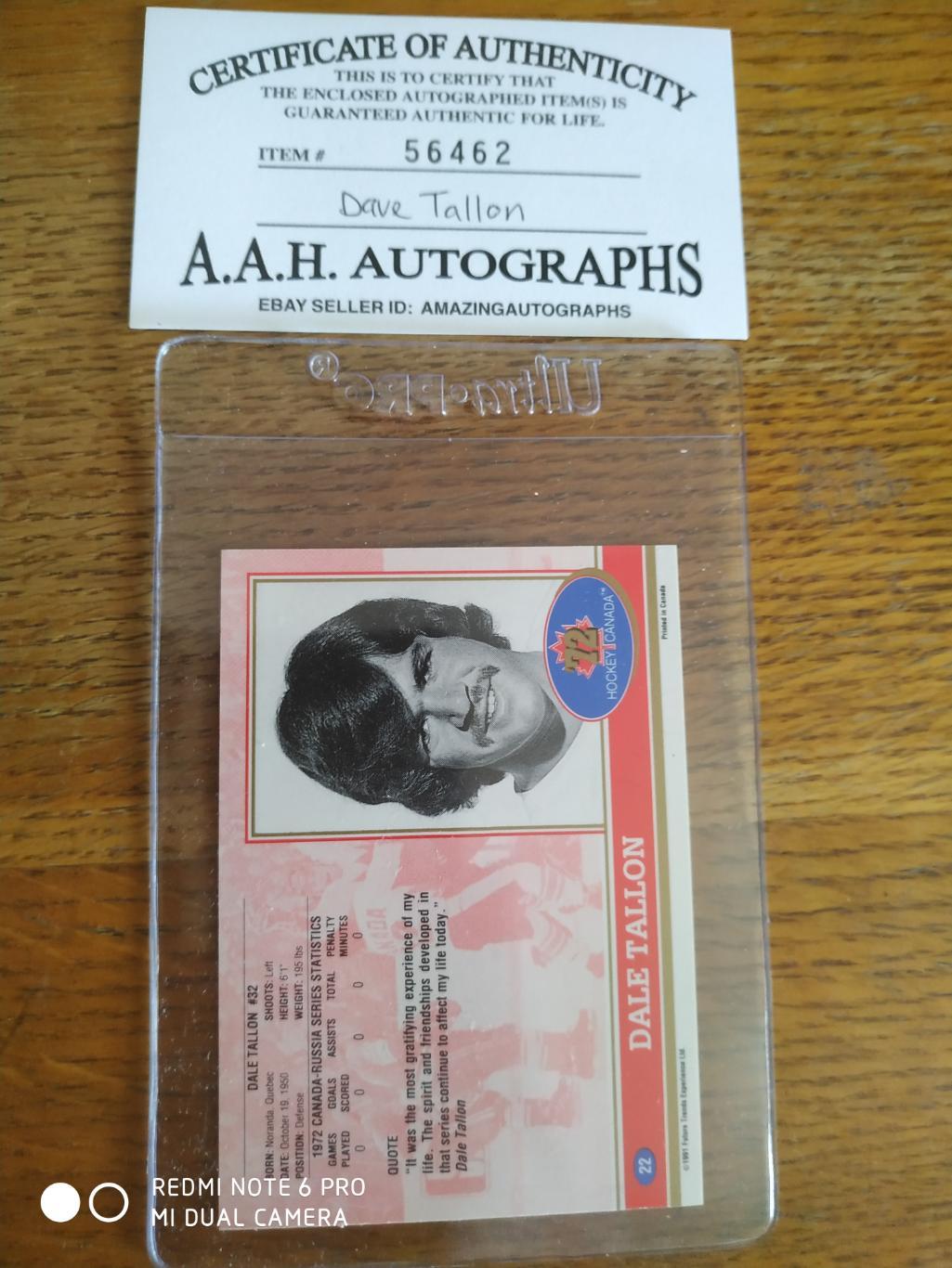 1972 DALE TALLON HOCKEY CARD AUTOGRAPH & CERTIFICATE SUMMIT SERIES 1